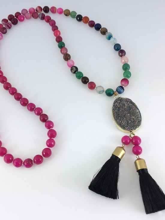 PANACEA Agate Beaded & Drusy Stone Double Tassel Pendant Necklace - Picture 2 of 2